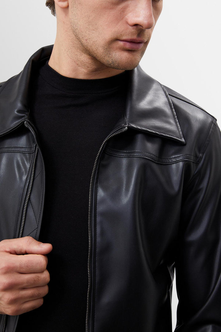 Men's Black Zippered Faux Leather Coat - Wessi