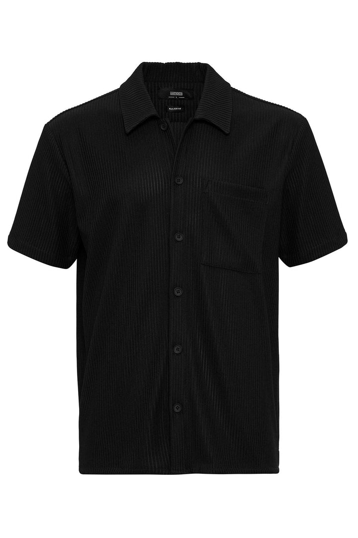 Camisa de hombre de canalé de manga corta negra - Wessi