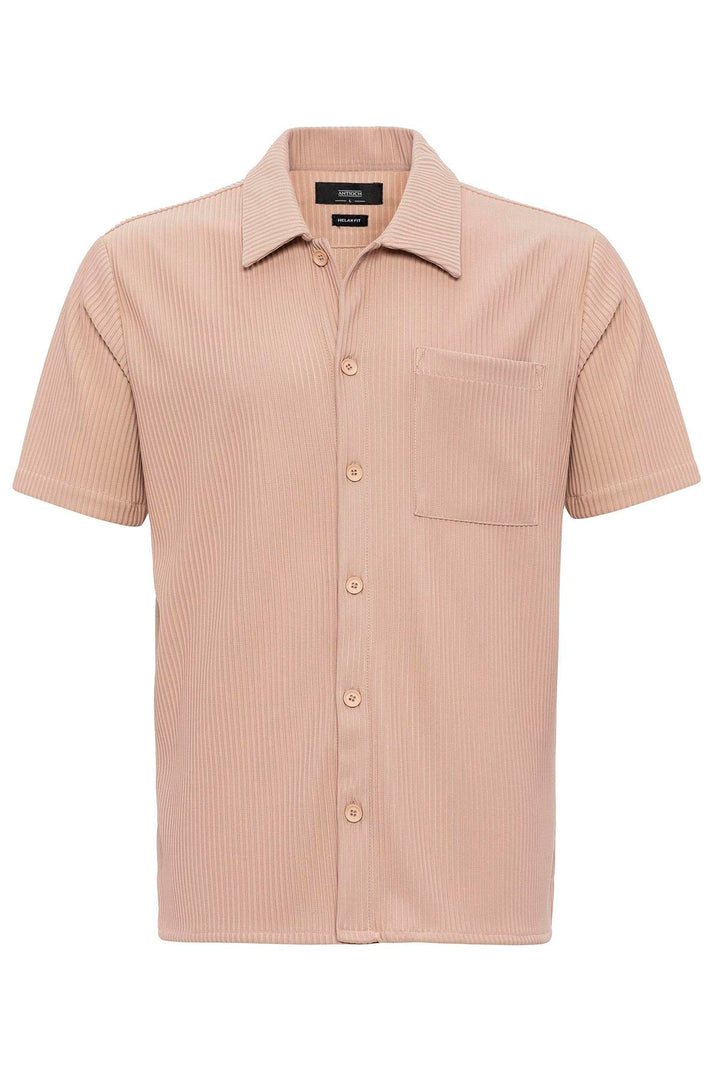 Camisa de hombre de canalé de manga corta beige - Wessi