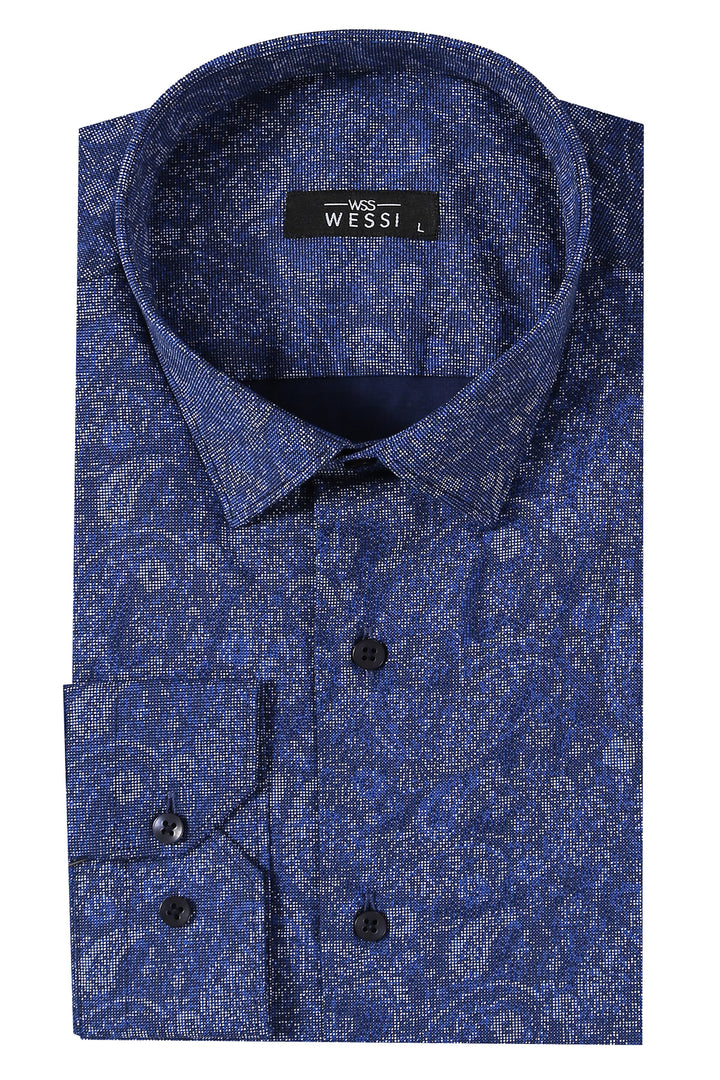 Chemise Bleue Homme Motif Damassé Manches Longues - Wessi