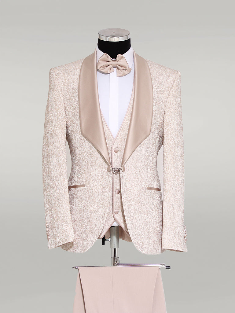 3-Piece Patterned Single Button Satin Lapel Cream Men's Tuxedo with Bow Tie - Wessi