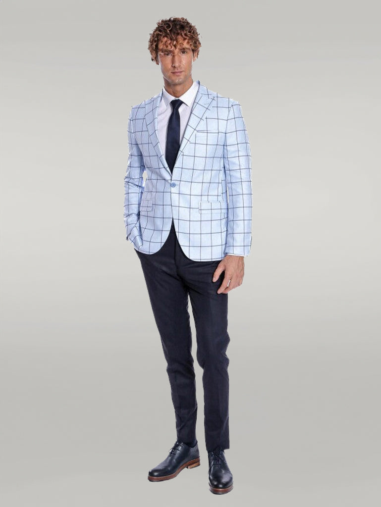 Plaid Slim Fit Light Blue Men Blazer - Wessi