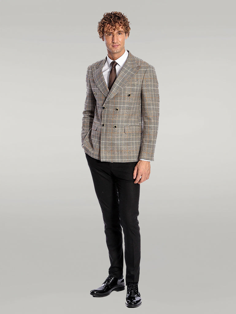 Double Breasted Checked Grey Men Blazer - Wessi