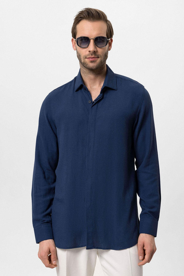 Men's Navy Blue Hidden Button Linen Blend  Shirt - Wessi