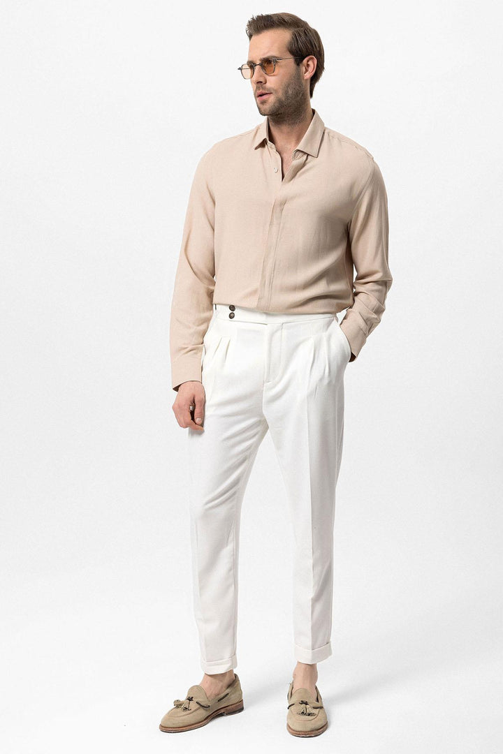 Chemise Homme Beige en Lin Mélangé à Boutons Cachés - Wessi