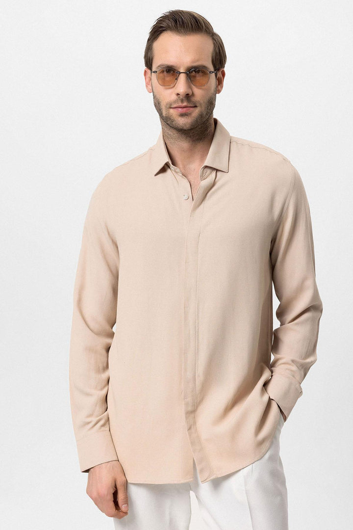 Chemise Homme Beige en Lin Mélangé à Boutons Cachés - Wessi