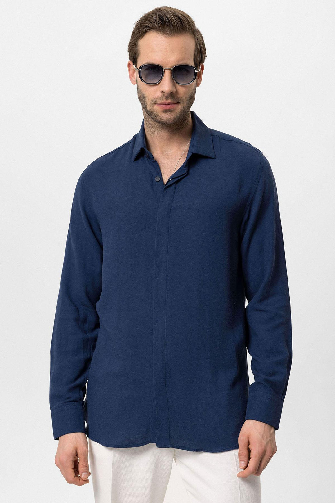 Men's Navy Blue Hidden Button Linen Blend  Shirt - Wessi