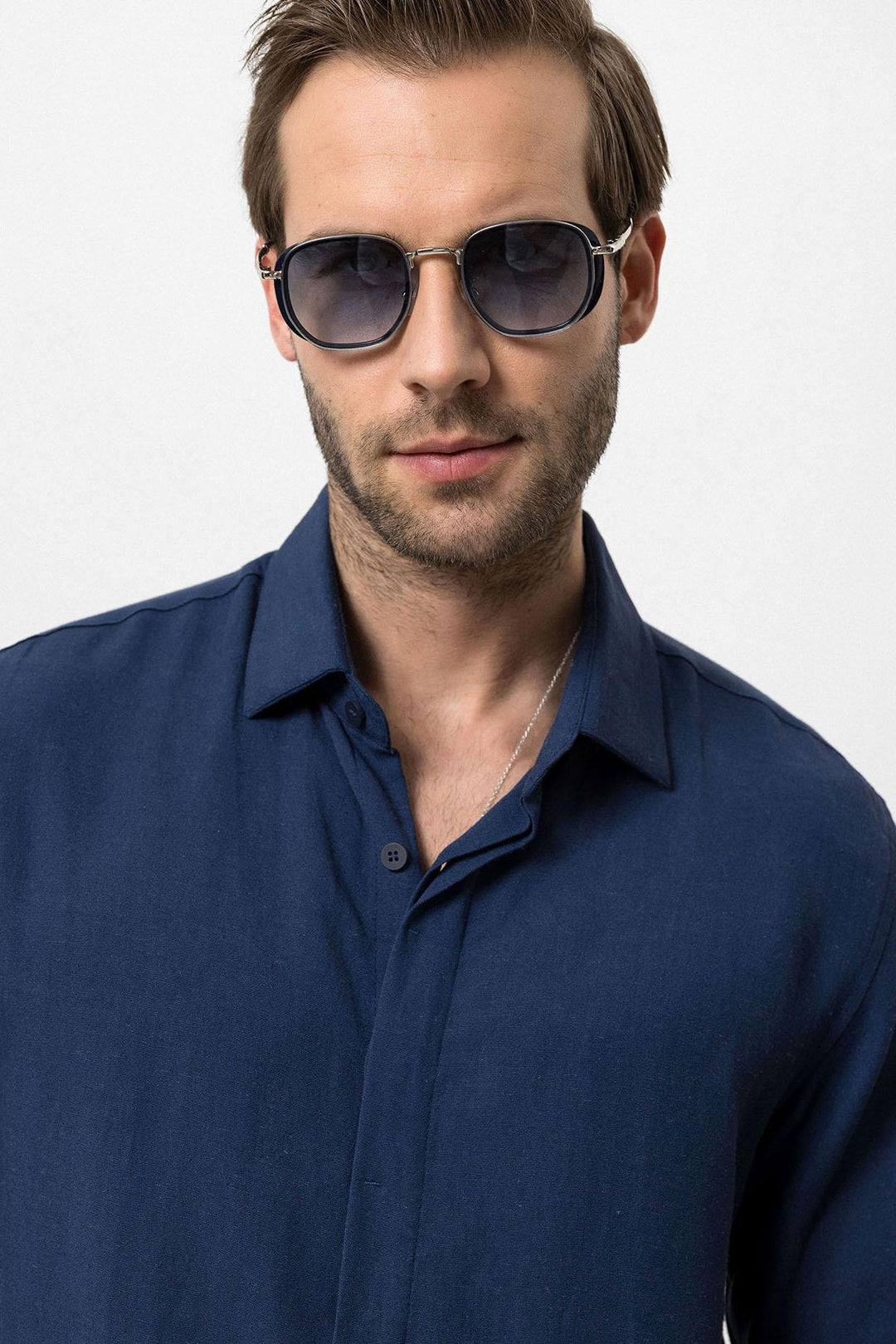 Men's Navy Blue Hidden Button Linen Blend  Shirt - Wessi