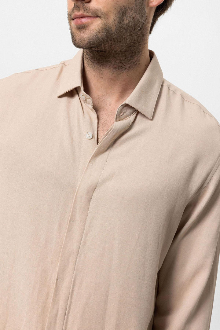 Chemise Homme Beige en Lin Mélangé à Boutons Cachés - Wessi