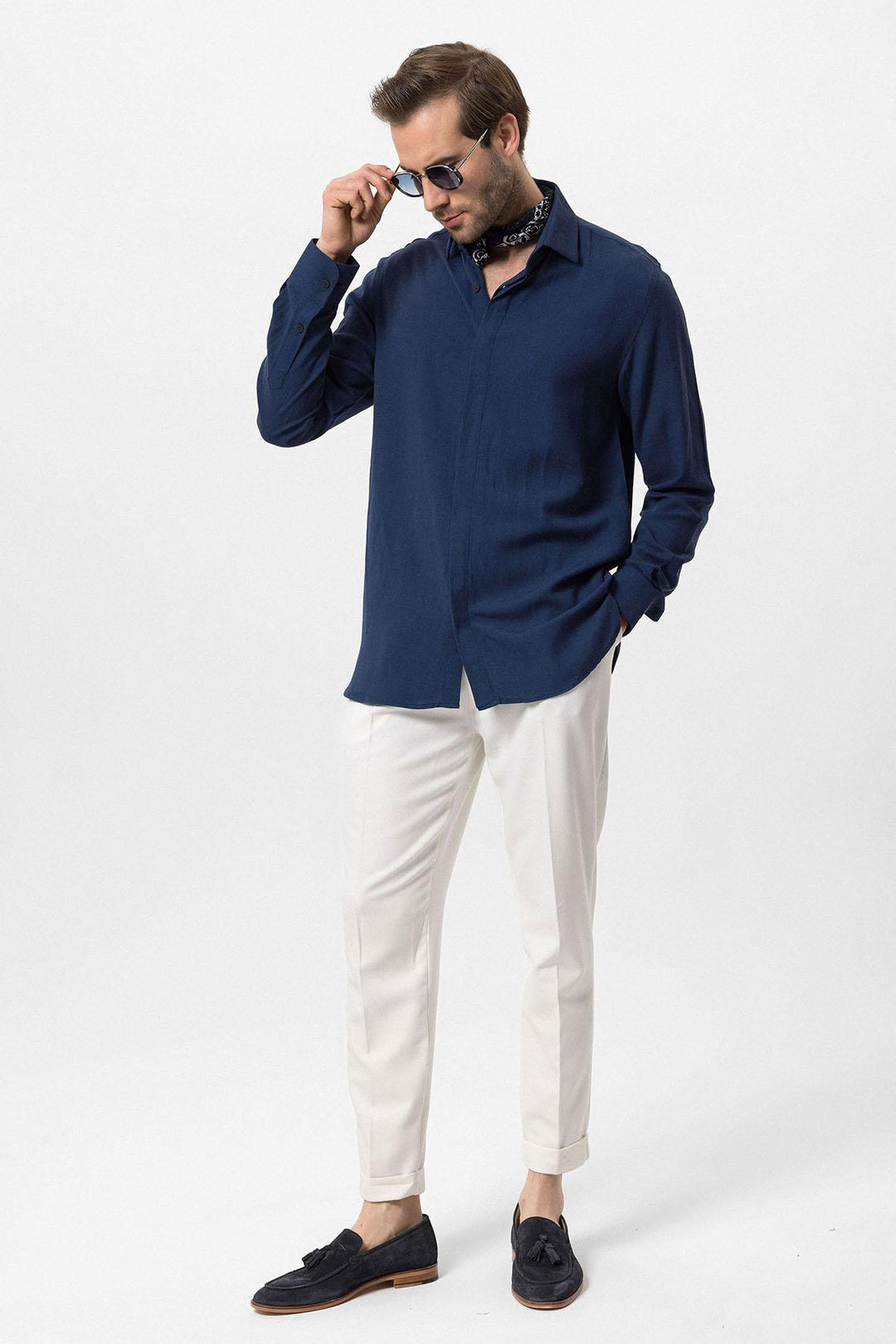 Men's Navy Blue Hidden Button Linen Blend  Shirt - Wessi