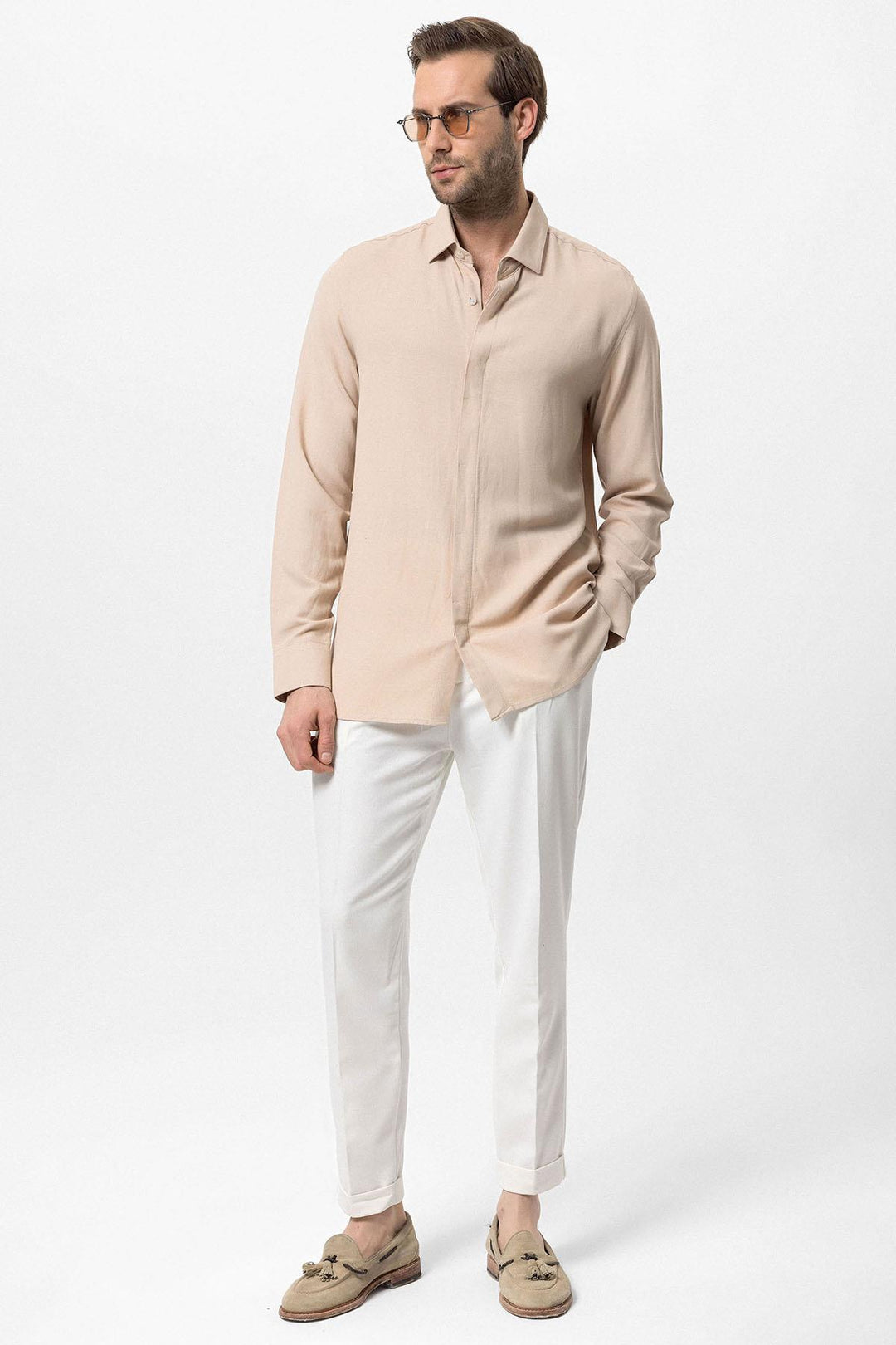 Chemise Homme Beige en Lin Mélangé à Boutons Cachés - Wessi