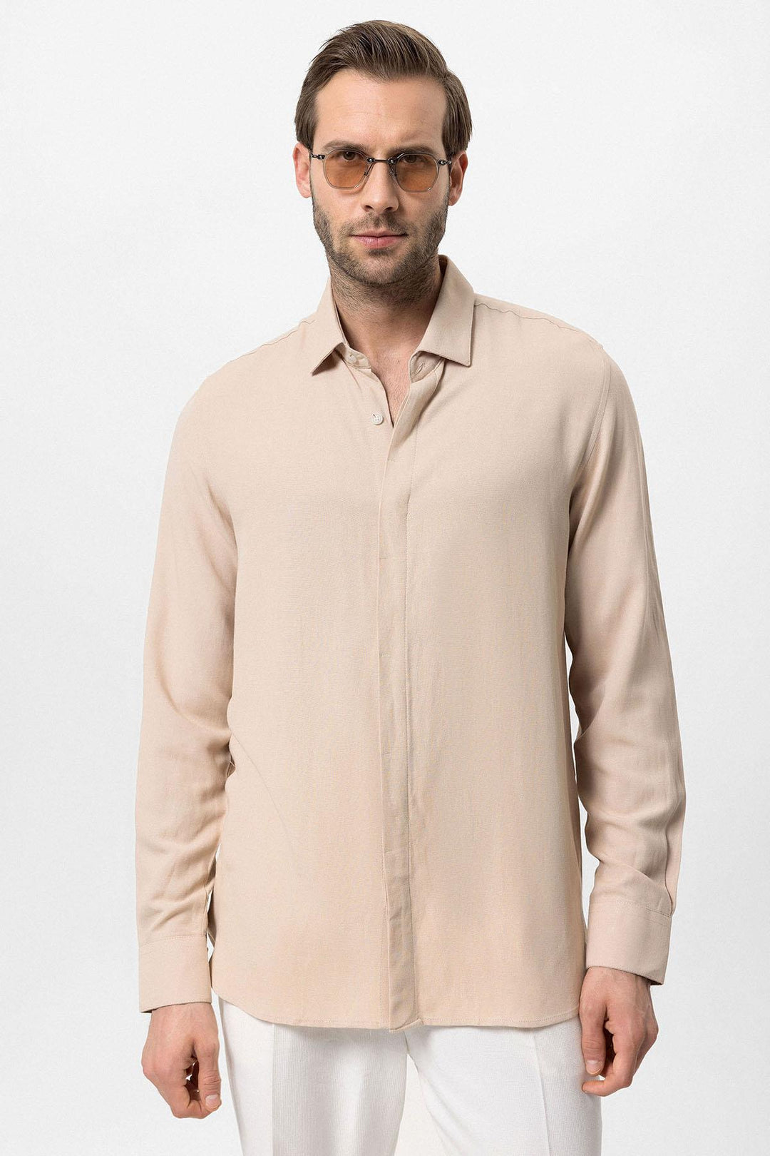 Chemise Homme Beige en Lin Mélangé à Boutons Cachés - Wessi