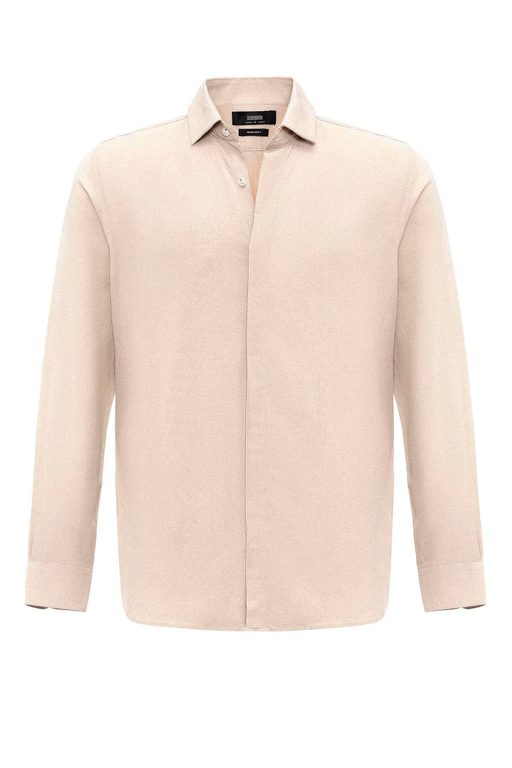 Chemise Homme Beige en Lin Mélangé à Boutons Cachés - Wessi