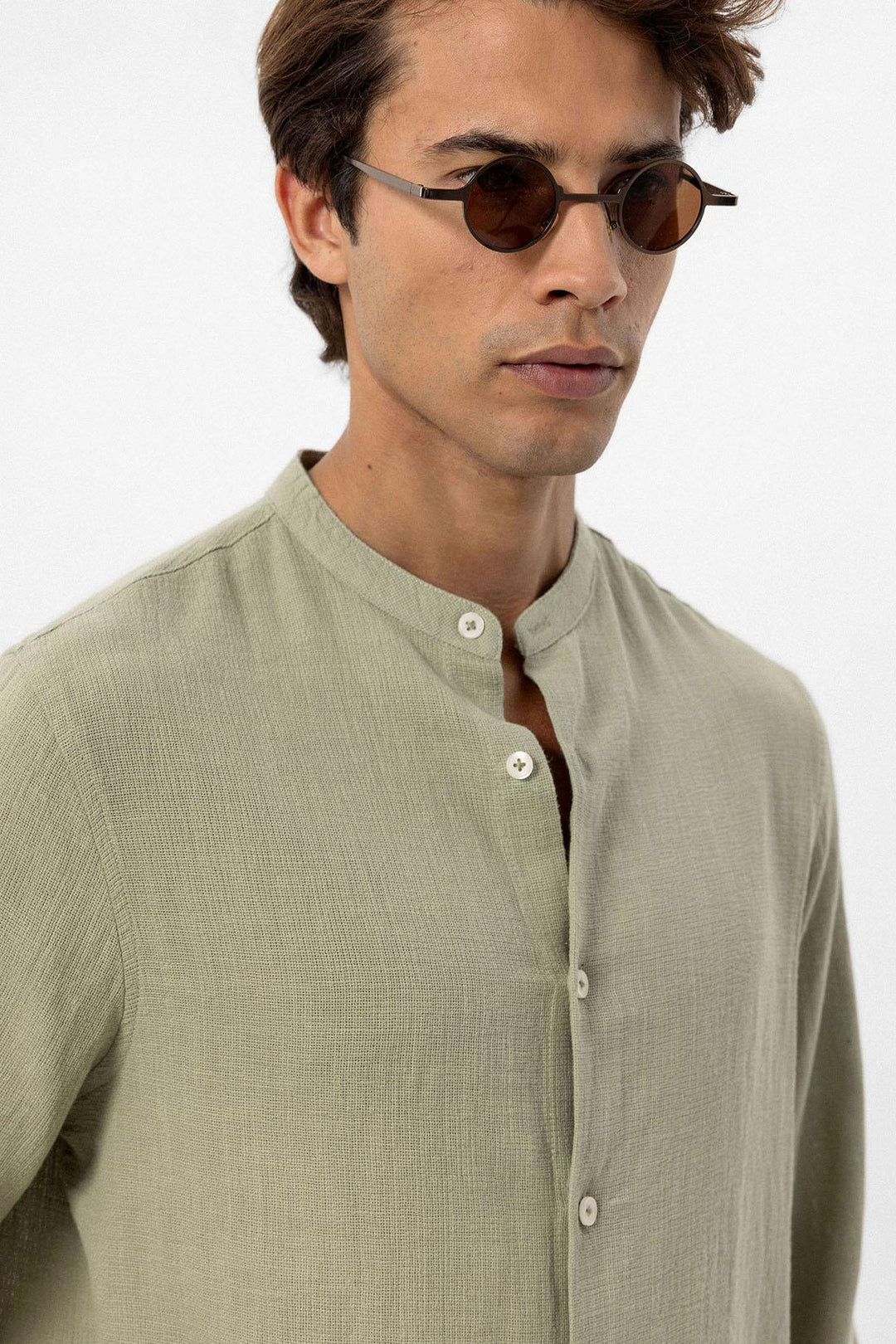 Men's Khaki Mandarin Collar Woven Shirt - Wessi