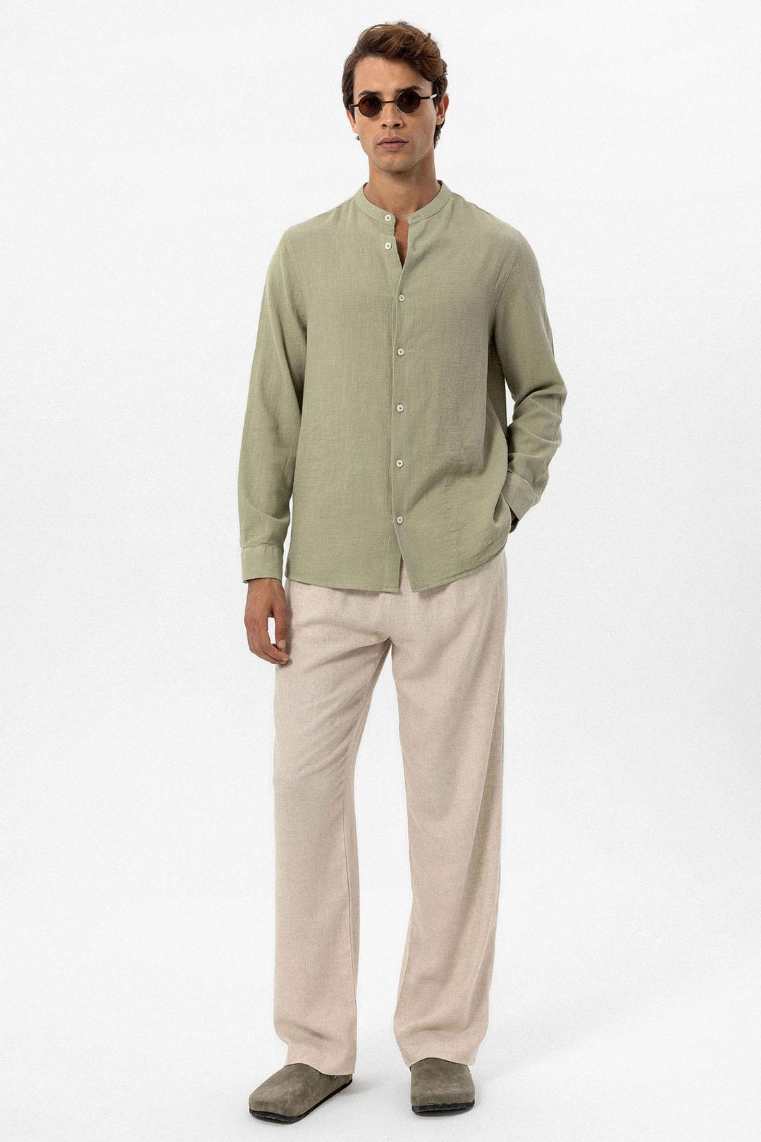 Men's Khaki Mandarin Collar Woven Shirt - Wessi