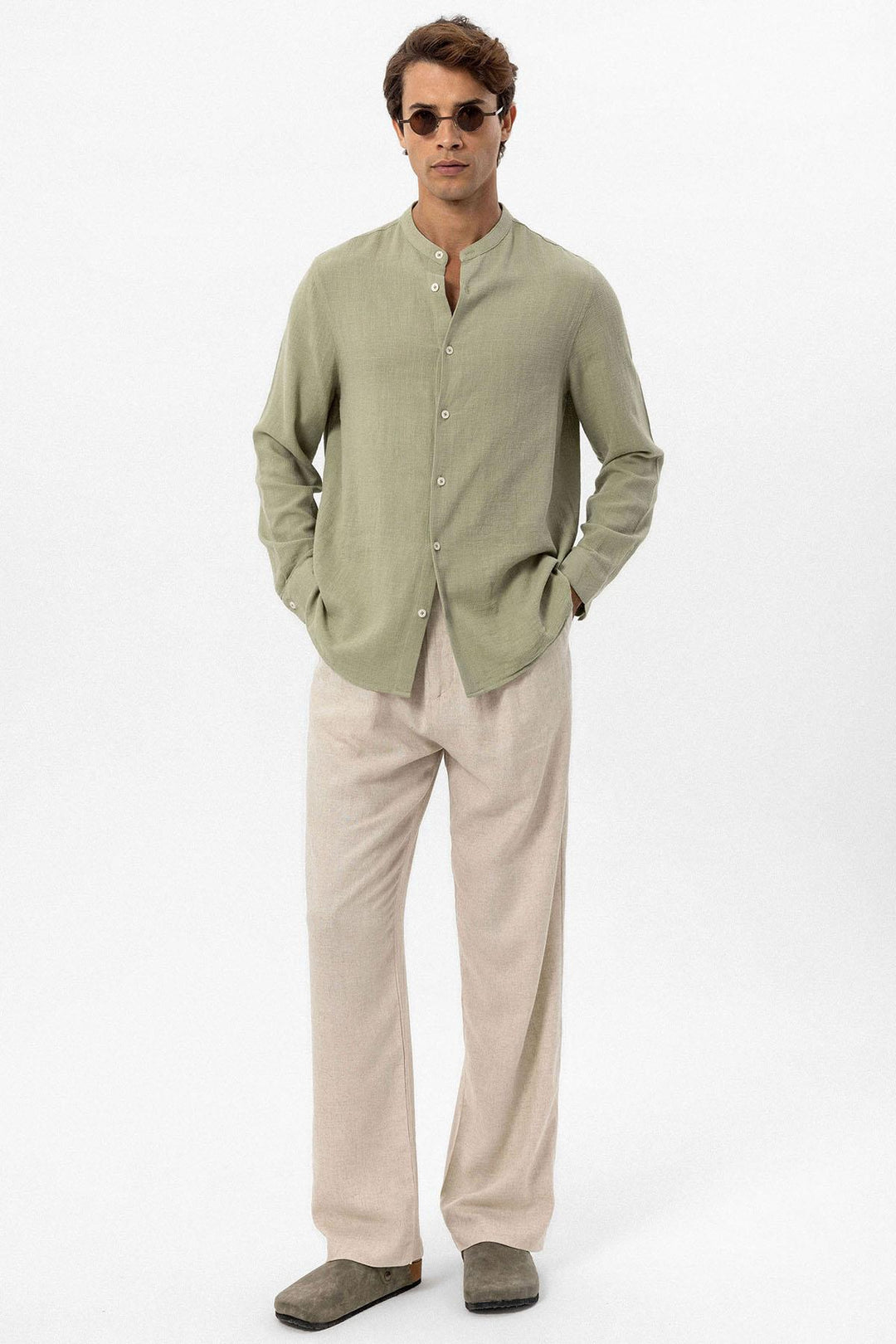 Men's Khaki Mandarin Collar Woven Shirt - Wessi