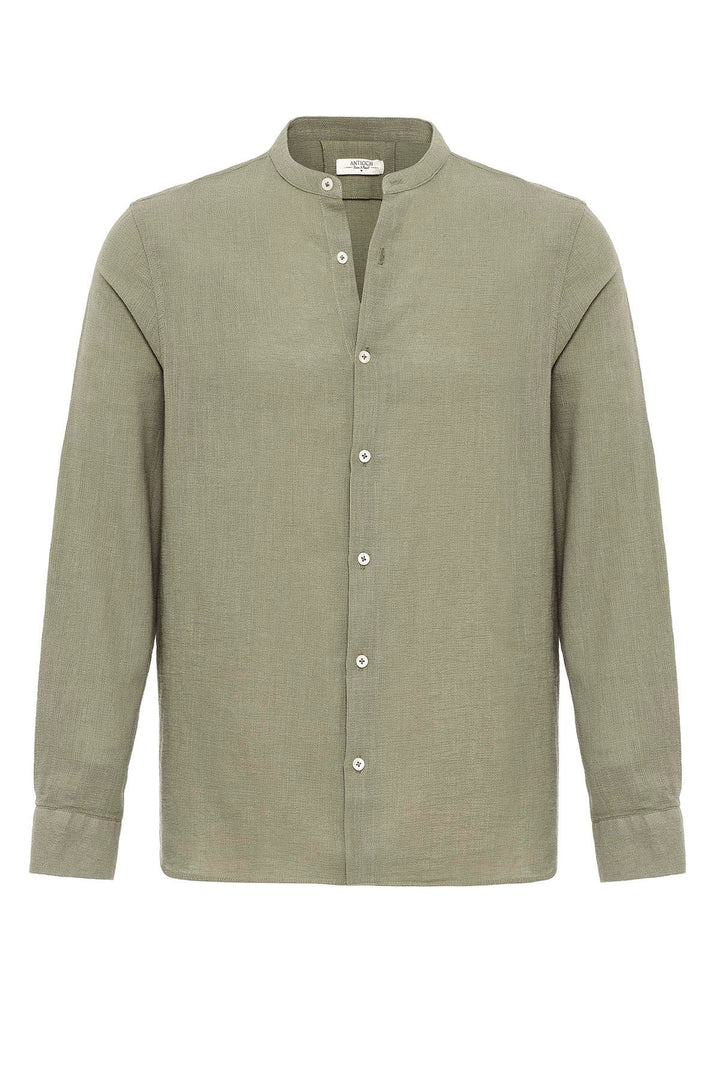 Men's Khaki Mandarin Collar Woven Shirt - Wessi