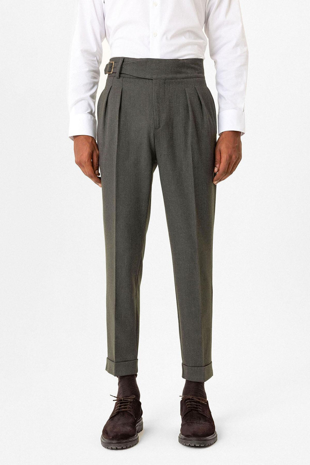 Khaki Pleated Men's Trousers with Buckle Detail - Wessi