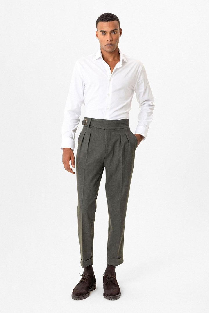 Khaki Pleated Men's Trousers with Buckle Detail - Wessi