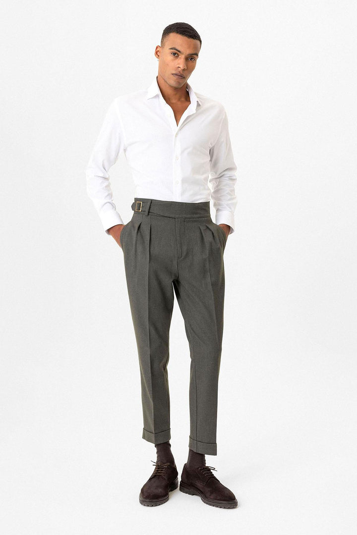 Khaki Pleated Men's Trousers with Buckle Detail - Wessi