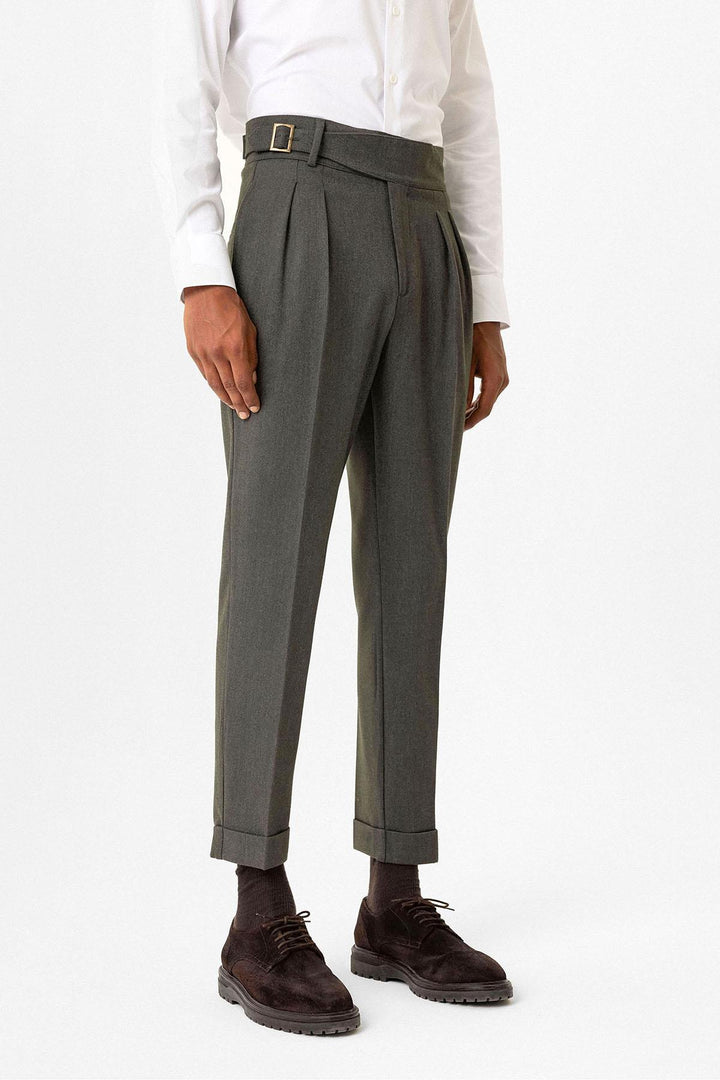 Khaki Pleated Men's Trousers with Buckle Detail - Wessi