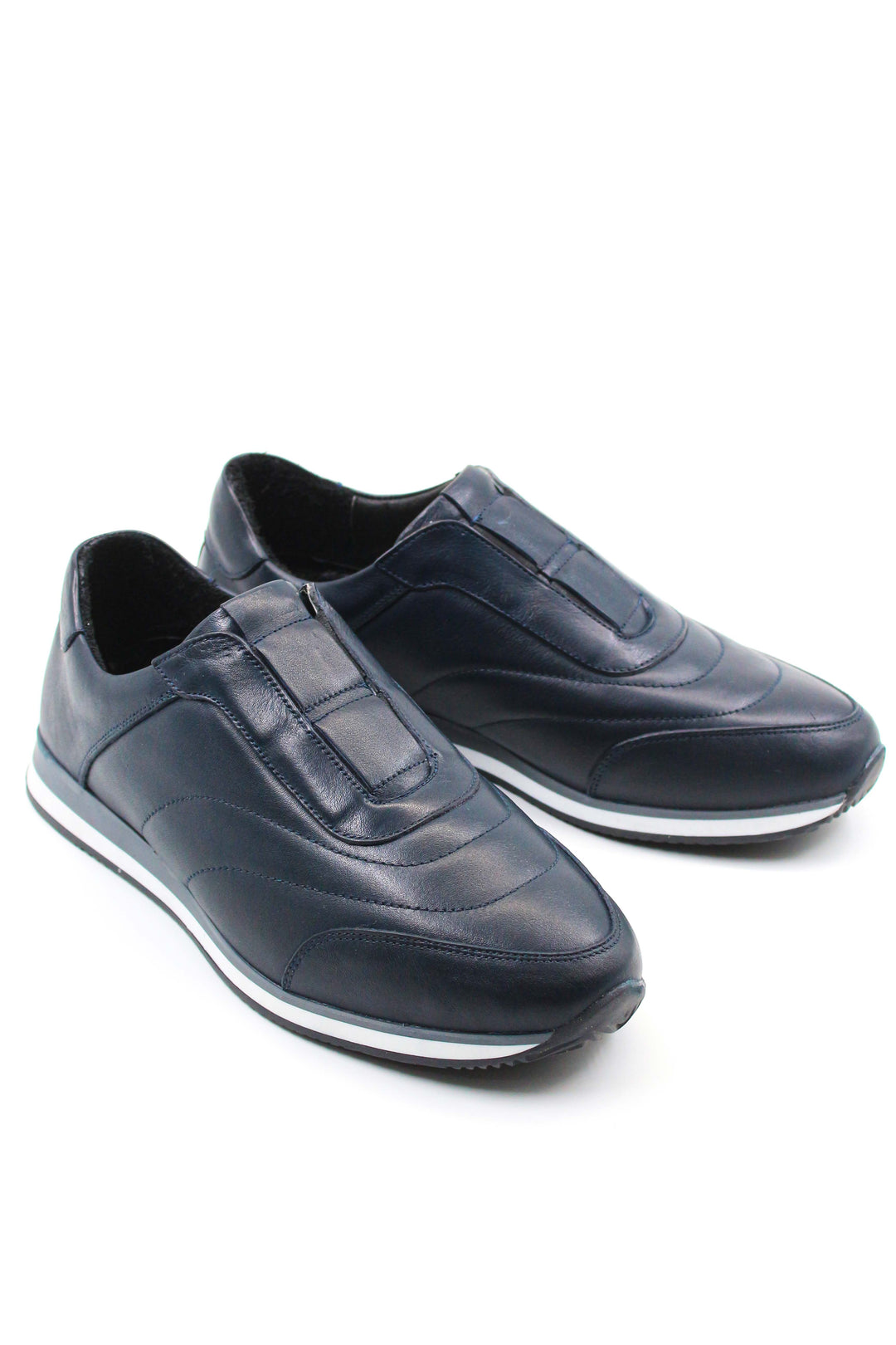 Men's Navy Blue Slip-On Leather Sneakers with Cushioned Insole - Wessi