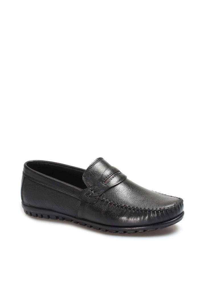 Men's Black Leather Loafers with Textured Sole