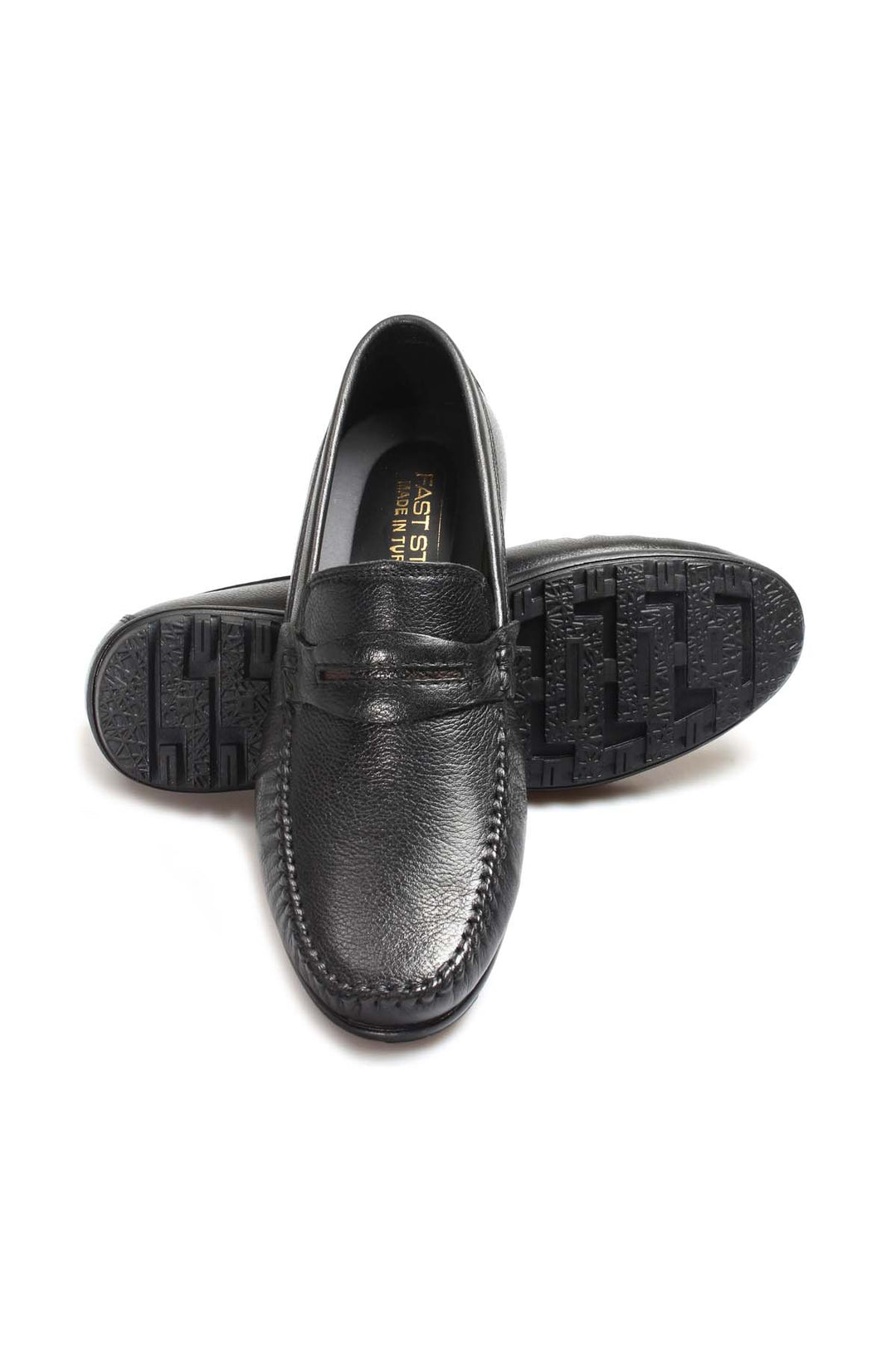 Men's Black Leather Loafers with Textured Sole