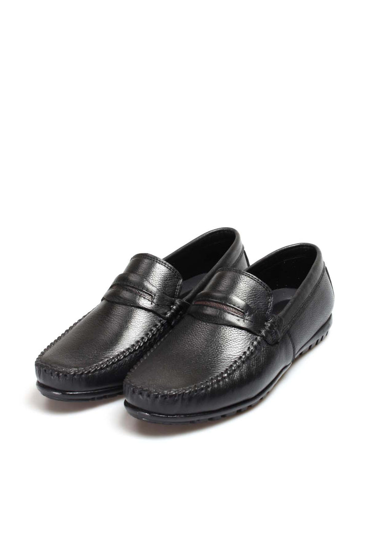 Men's Black Leather Loafers with Textured Sole