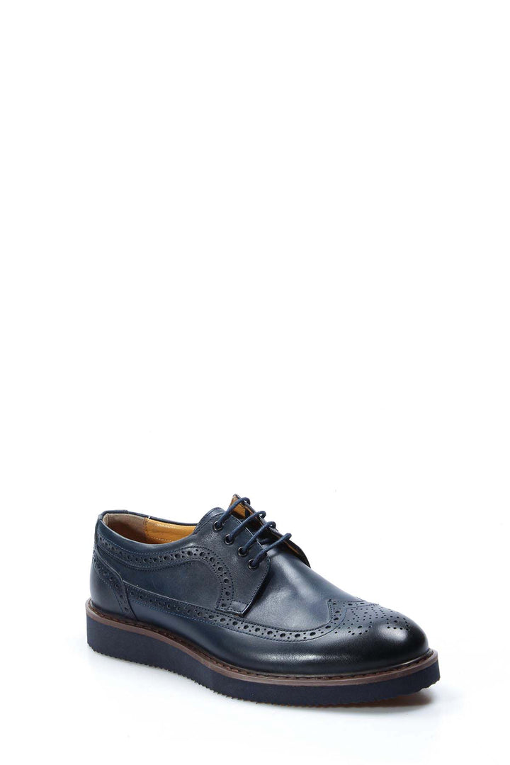 Men's Navy Blue Brogue Leather Shoes - Wessi