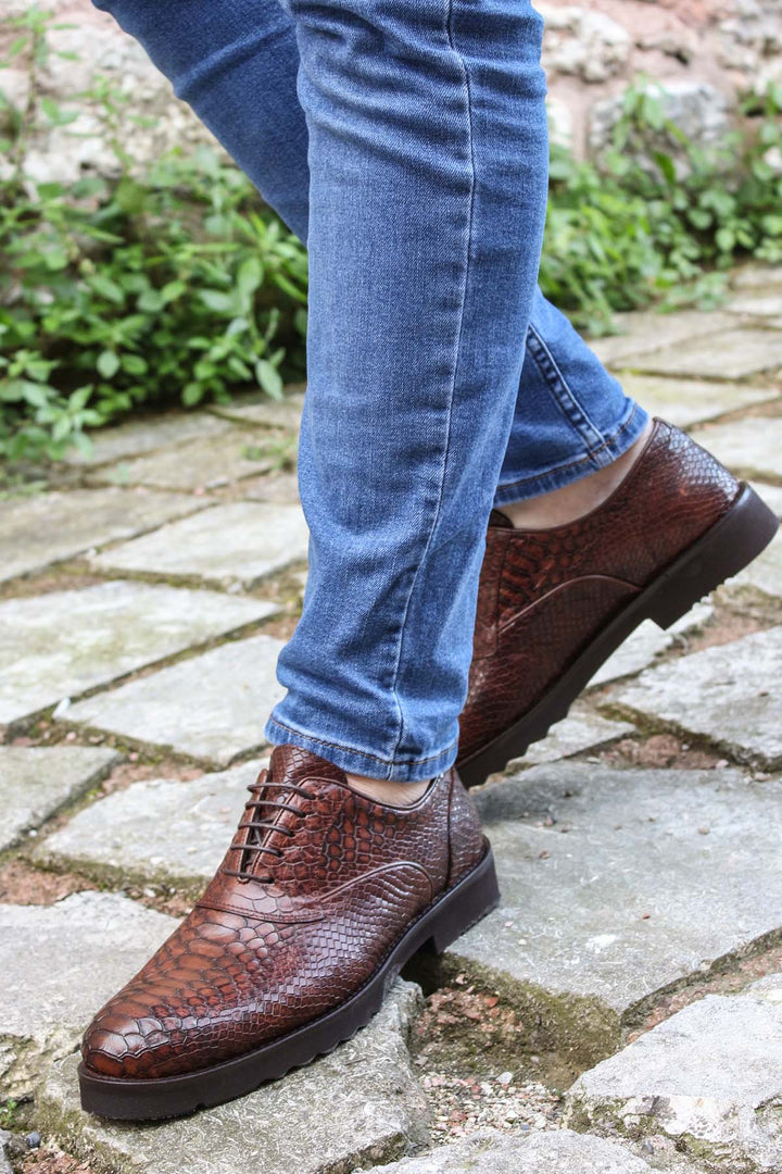 Brown Snake-Print Derby Shoes-Wessi