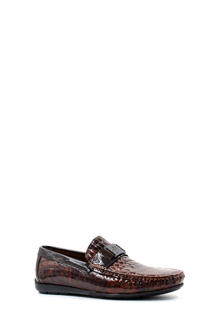 Crocodile Embossed Brown Leather Moccasins-Wessi