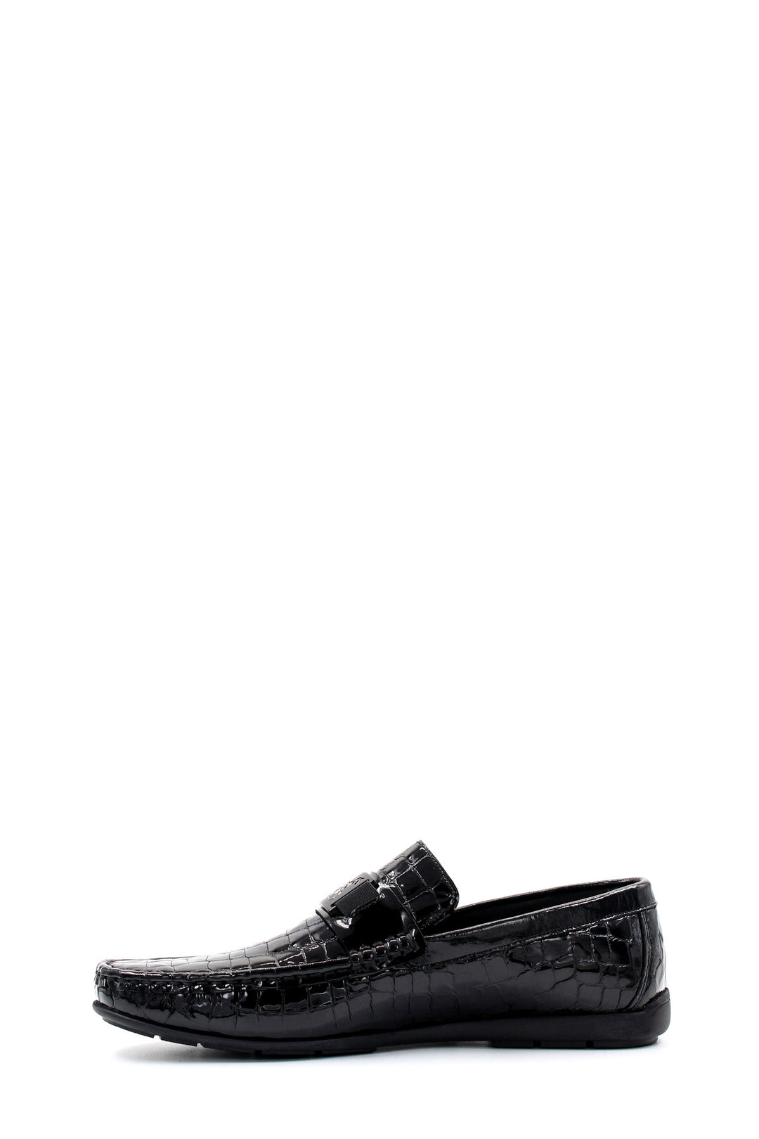 Men's Black Crocodile Patterned Loafers with Glossy Finish - Wessi