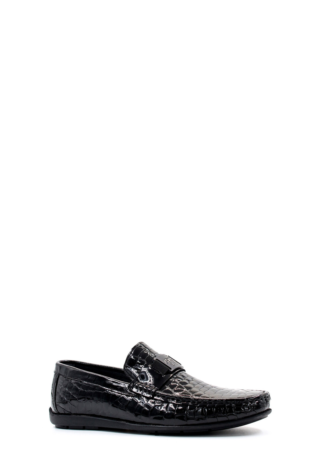 Men's Black Crocodile Patterned Loafers with Glossy Finish - Wessi