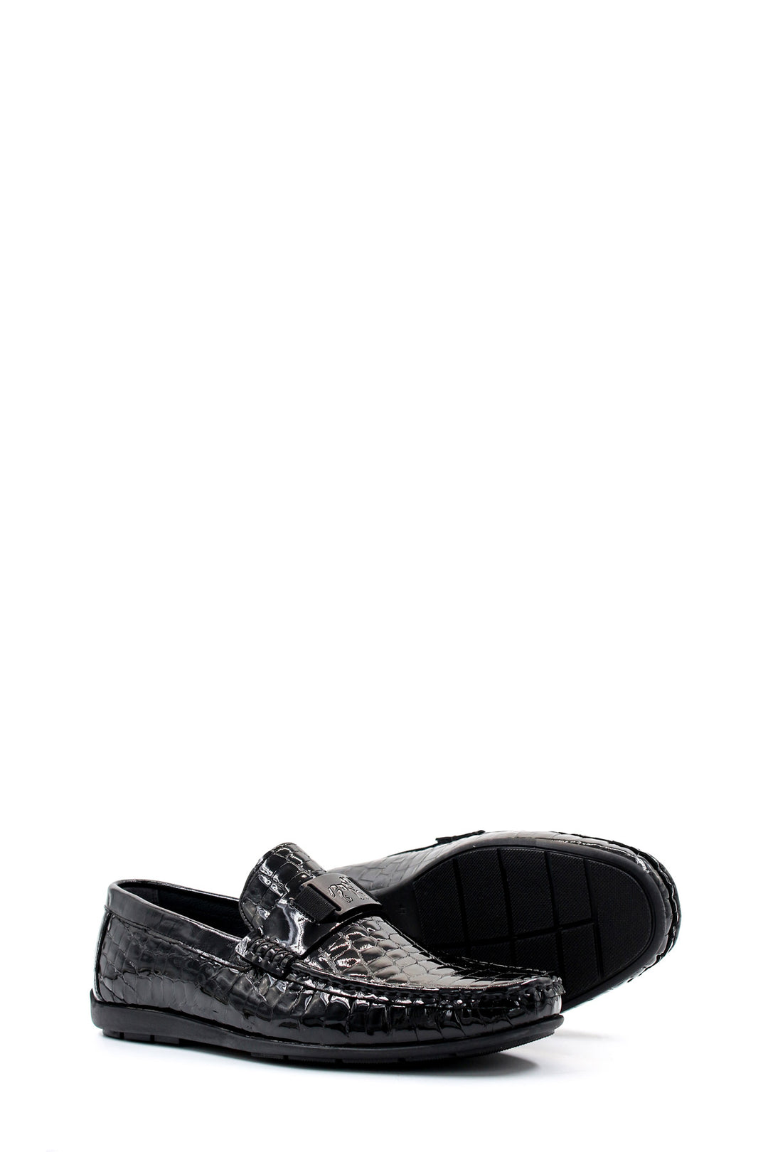 Men's Black Crocodile Patterned Loafers with Glossy Finish - Wessi