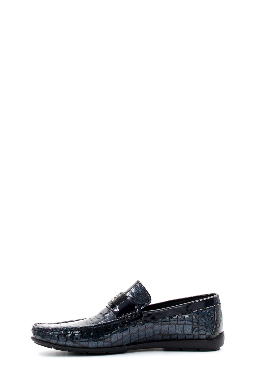 Men's Black Crocodile-Embossed Patent Leather Loafers with Buckle Detail - Wessi