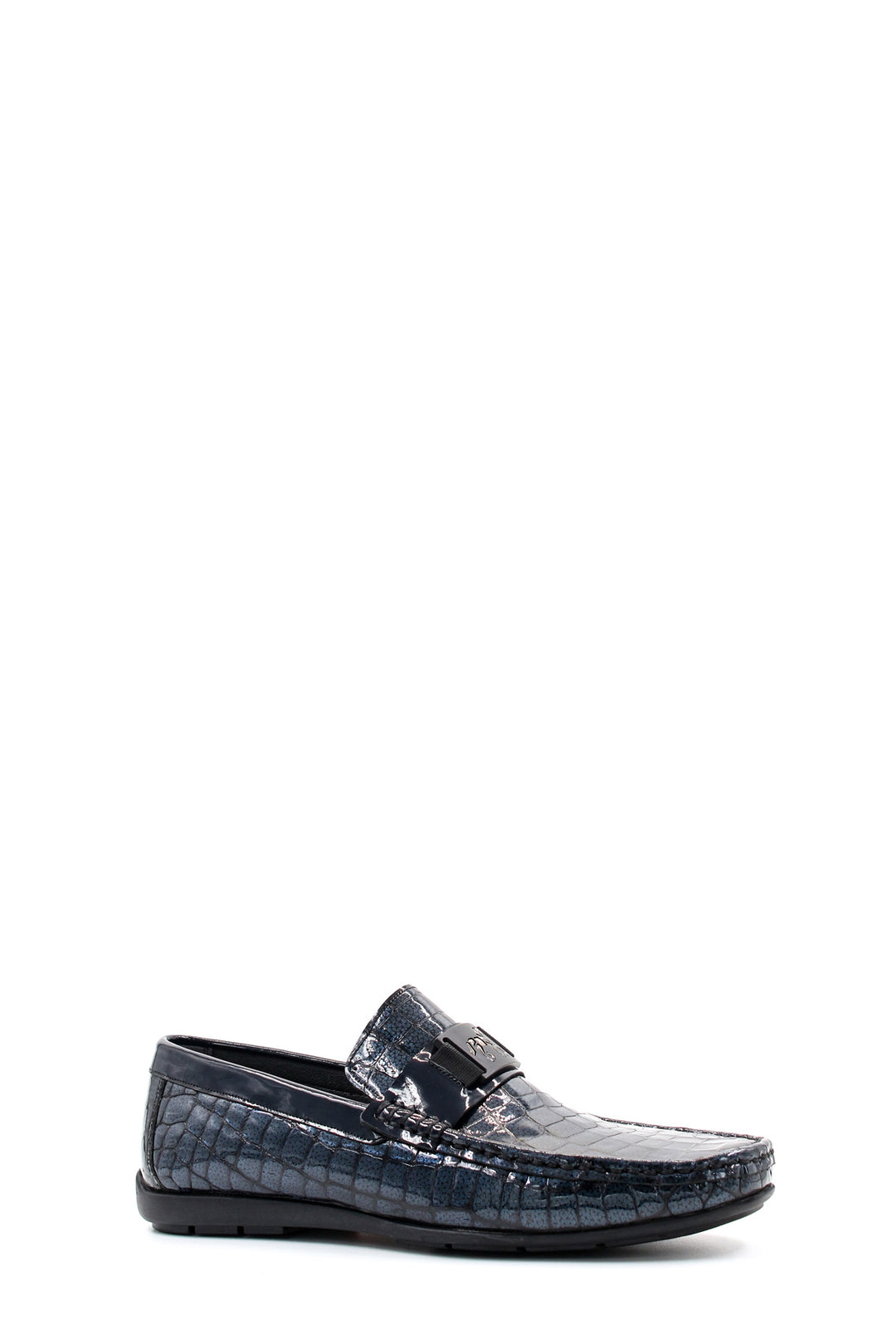 Men's Black Crocodile-Embossed Patent Leather Loafers with Buckle Detail - Wessi