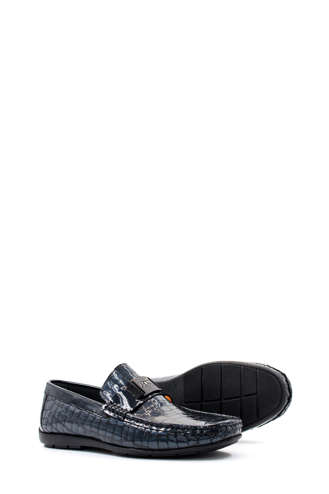 Men's Black Crocodile-Embossed Patent Leather Loafers with Buckle Detail - Wessi