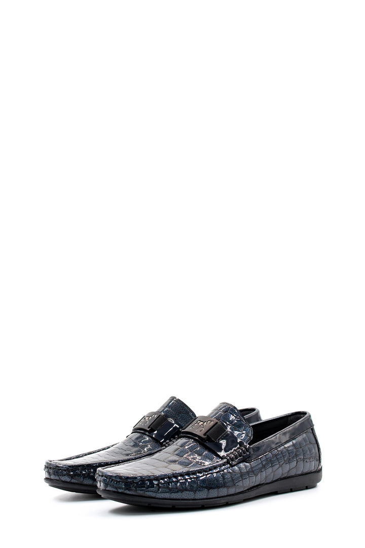 Men's Black Crocodile-Embossed Patent Leather Loafers with Buckle Detail - Wessi