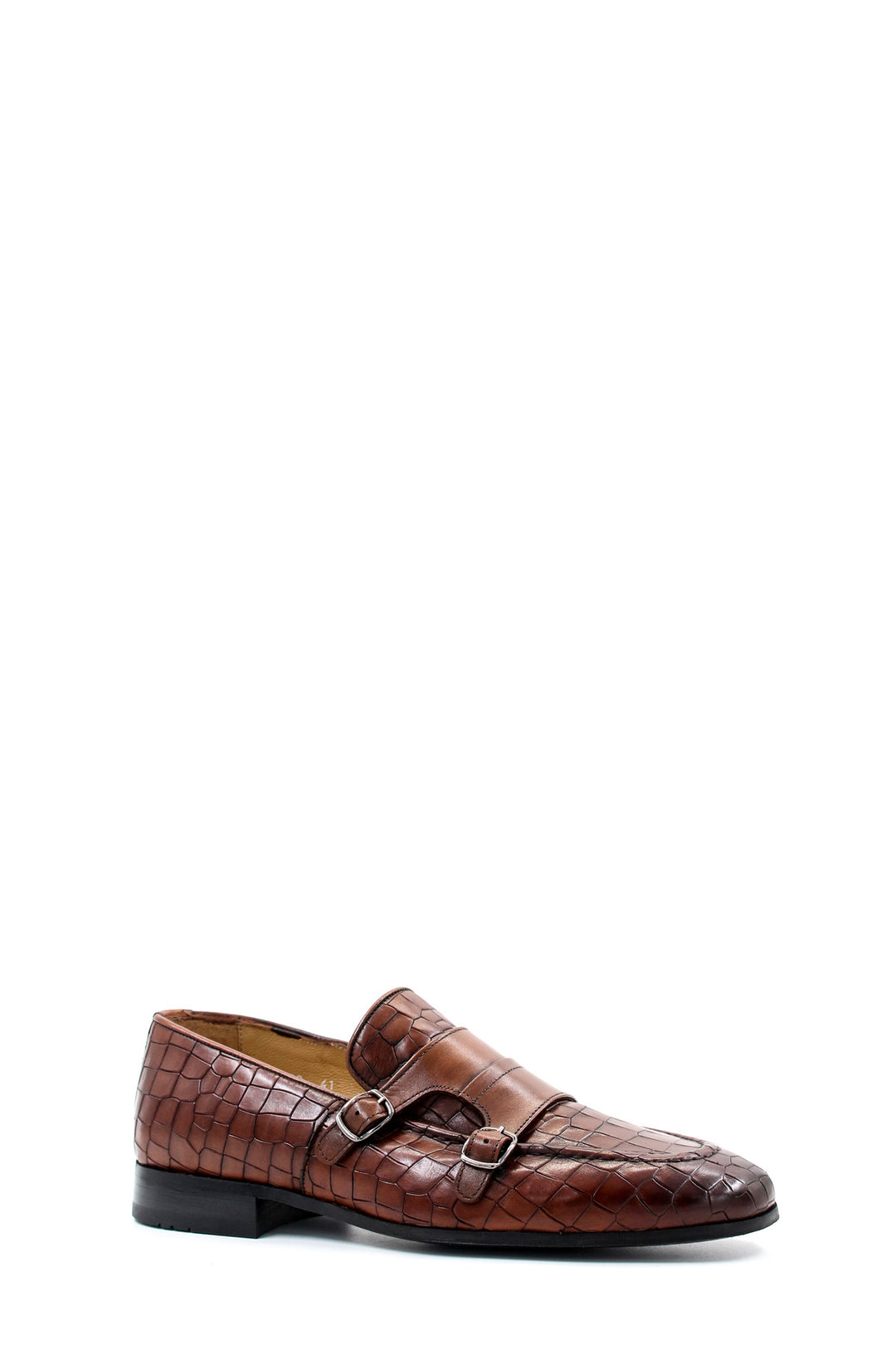 Men's Brown Croc-Embossed Leather Loafers Double Monk Strap Wessi