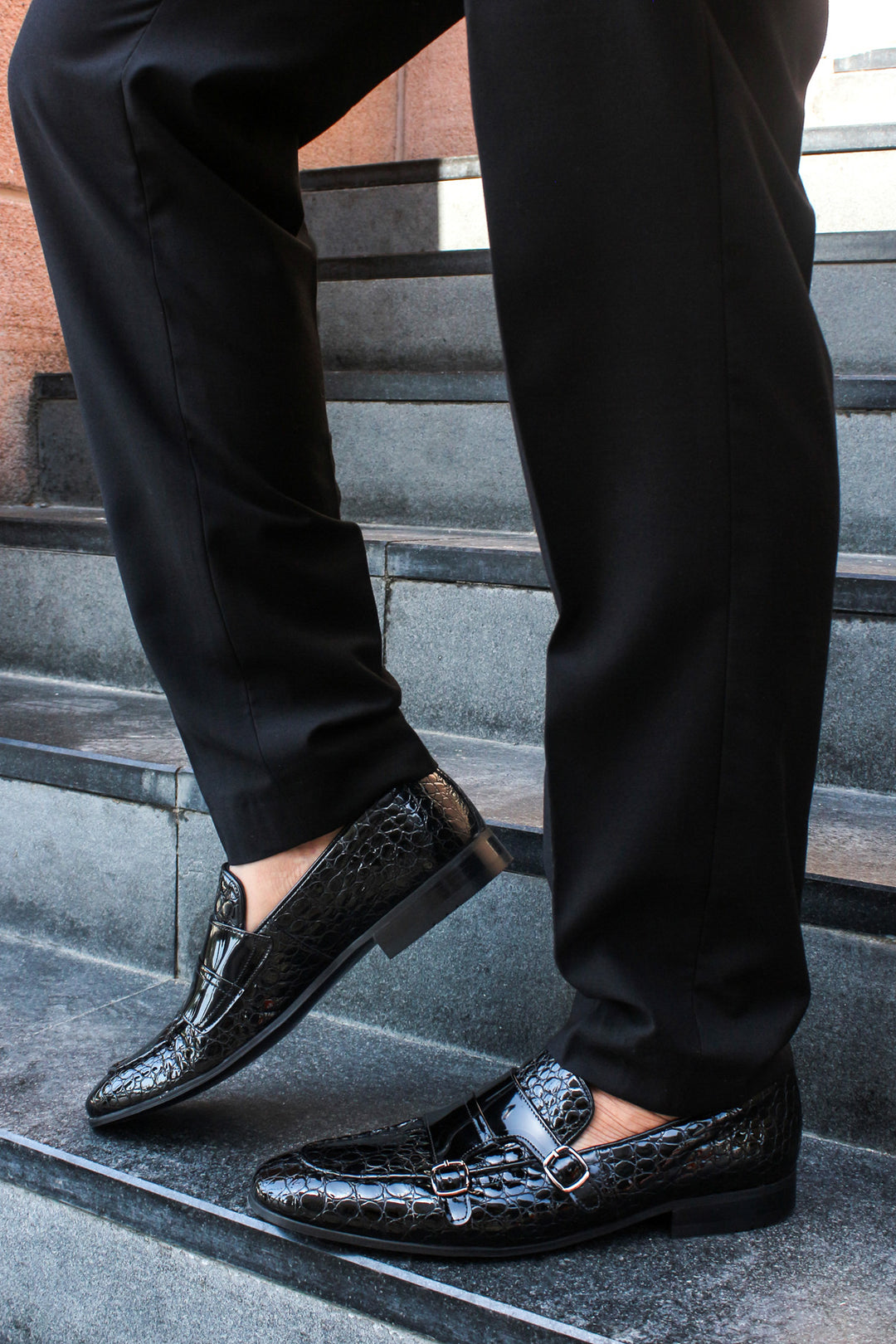 Black Croc-Embossed Double Monk Loafers Wessi