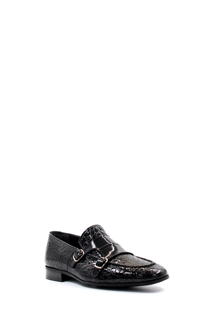 Black Croc-Embossed Double Monk Loafers Wessi