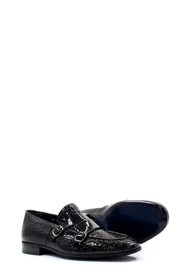 Black Croc-Embossed Double Monk Loafers Wessi