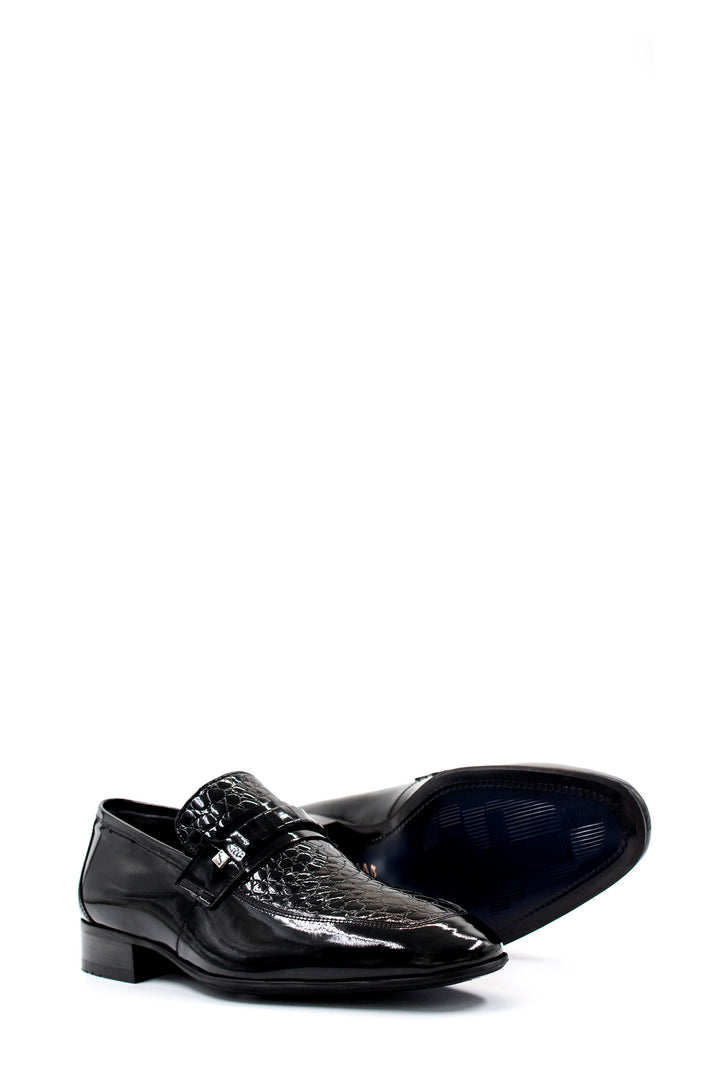 Men's Black Patent Leather Loafers with Croc-Embossed Detail - Wessi