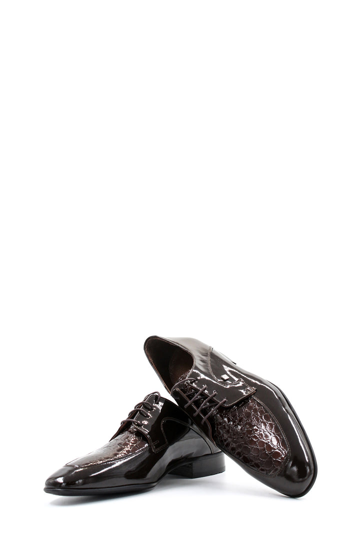 Men's Black Patent Leather Derby Shoes with Crocodile Embossed Toe - Wessi