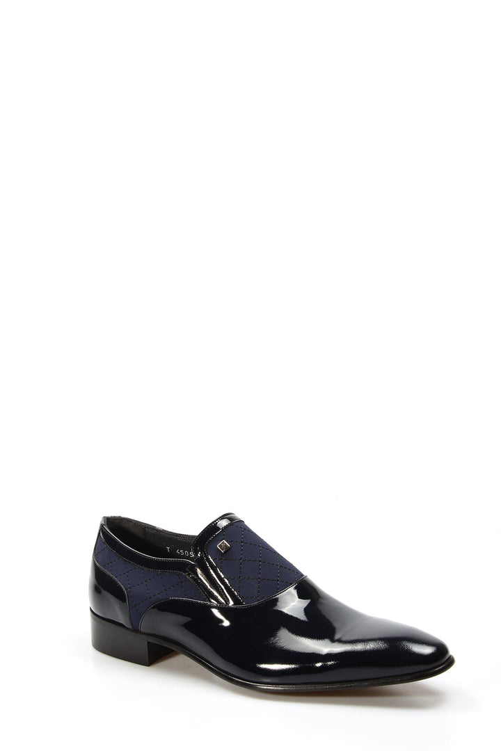 Men's Navy Patent Leather Slip-On Shoes with Quilted Detailing - Wessi