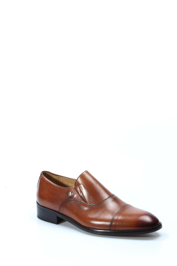 Men's Brown Leather Cap-Toe Slip-On Dress Shoes with Subtle Broguing - Wessi