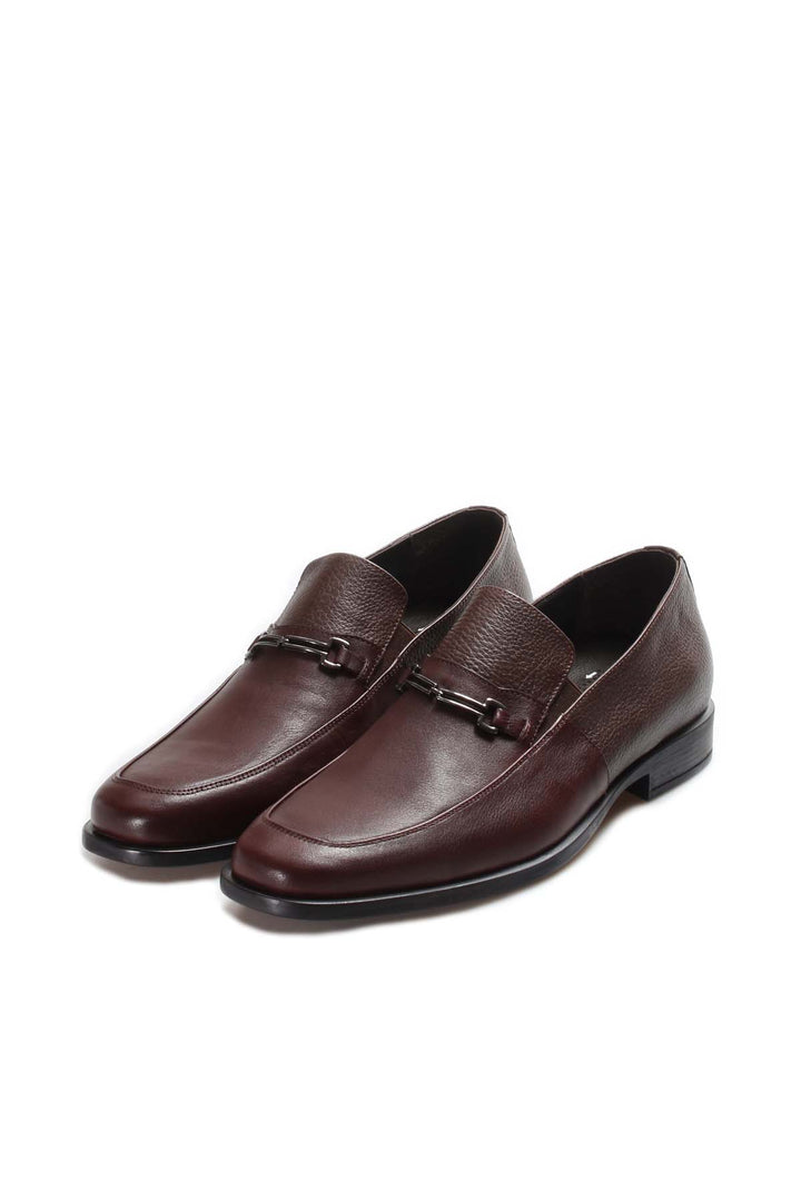 Men's Brown Leather Loafers with Metal Bit Detail and Textured Upper - Wessi