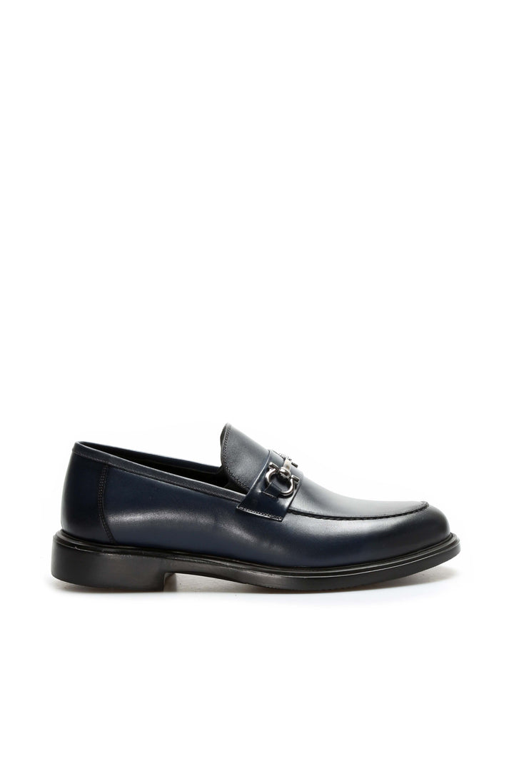 Navy Leather Buckle Loafers-Wessi