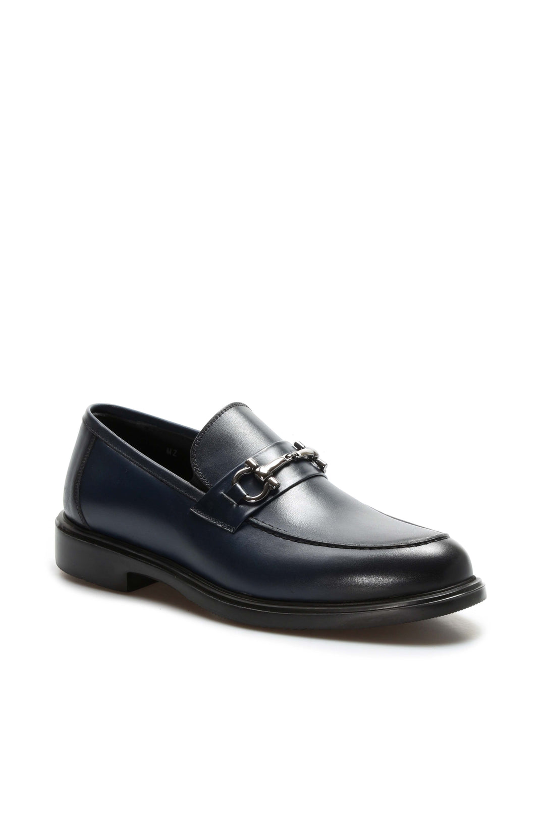 Navy Leather Buckle Loafers-Wessi